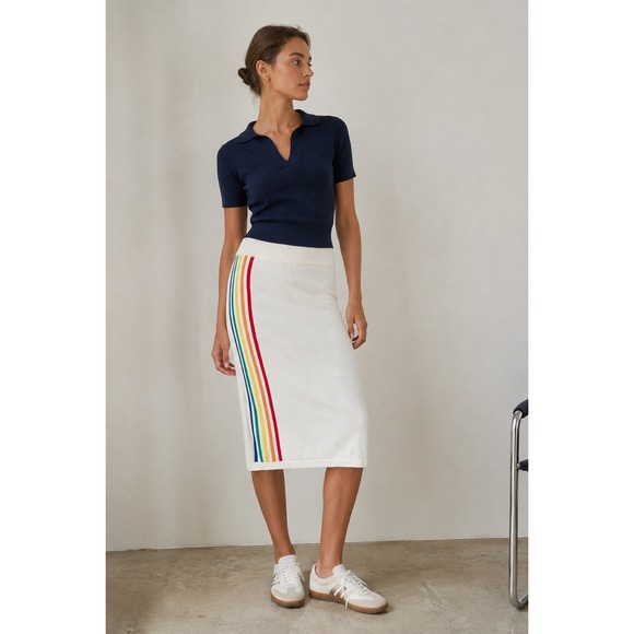 OXKnit Dresses & Skirts - OSKNIT White Rainbow Stripe Knit Midi Skirt Retro 70s Y2K Preppy Dopamine Chic S